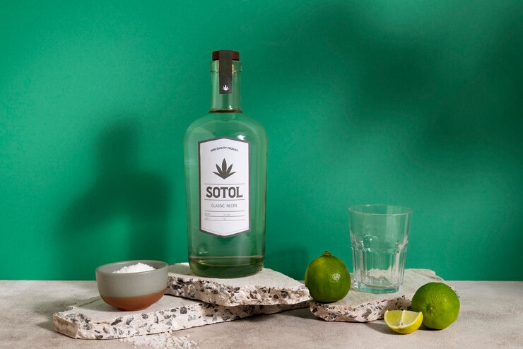 Free Photo view of mexican sotol drink with glass bottle