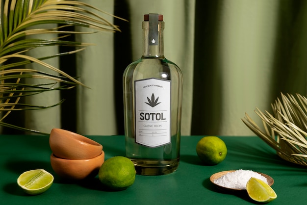 Free photo view of mexican sotol drink with glass bottle