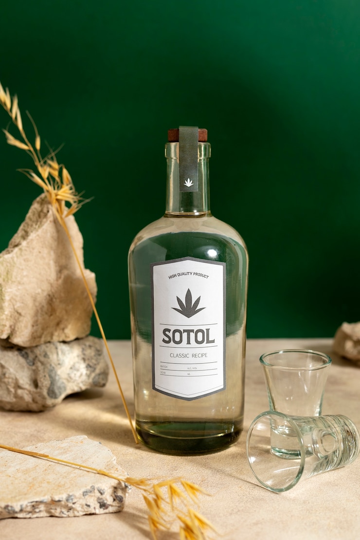 Free Photo view of mexican sotol drink with glass bottle
