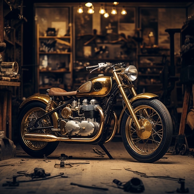 View of motorcycle in the garage or warehouse