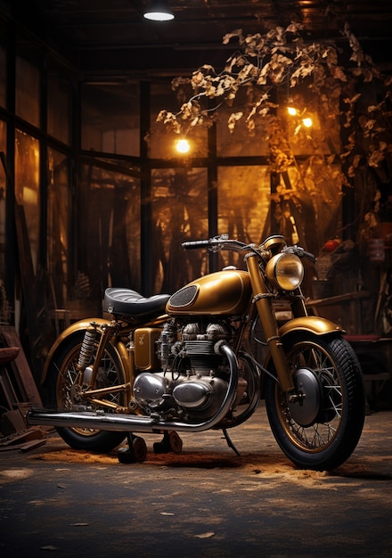 View of motorcycle in the garage or warehouse