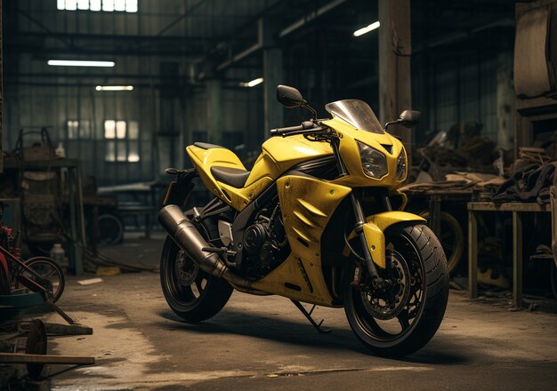 View of motorcycle in the garage or warehouse