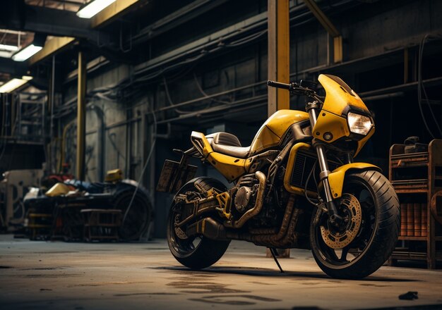 View of motorcycle in the garage or warehouse