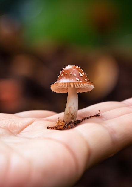 Free photo view of mushroom with human hand