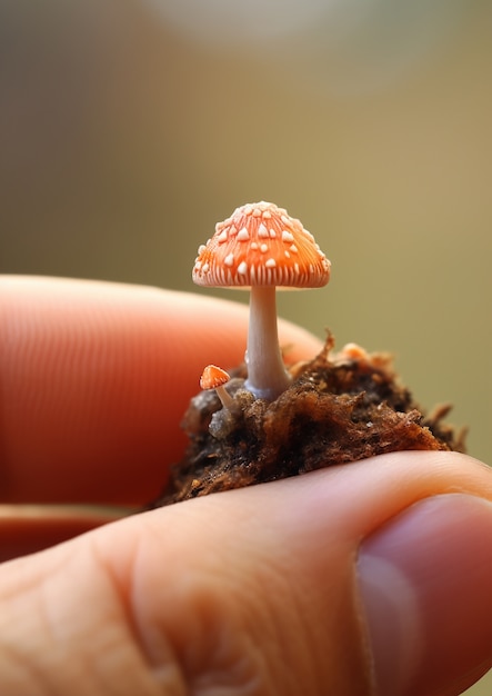 Free photo view of mushroom with human hand