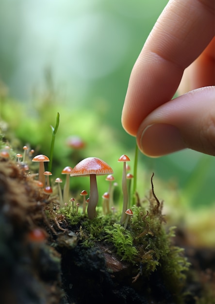 Free photo view of mushrooms with human hand