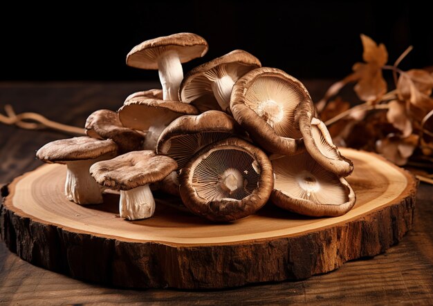 View of mushrooms on wooden tree trunk plank