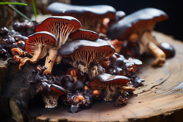 Free photo view of mushrooms on wooden tree trunk plank