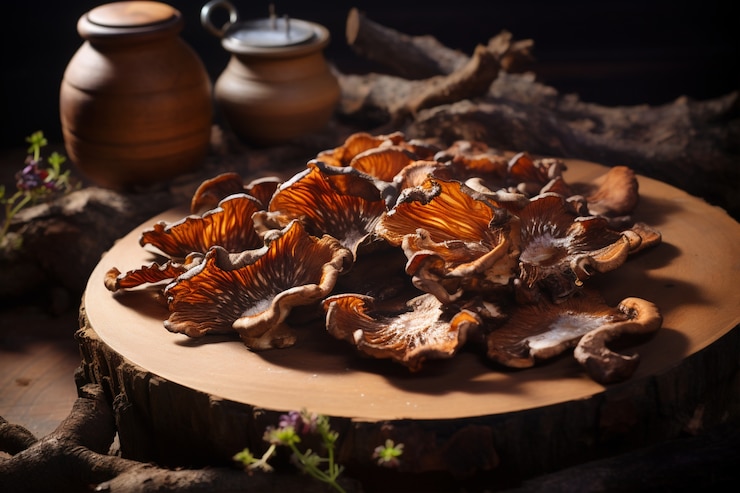 Free Photo view of mushrooms on wooden tree trunk plank