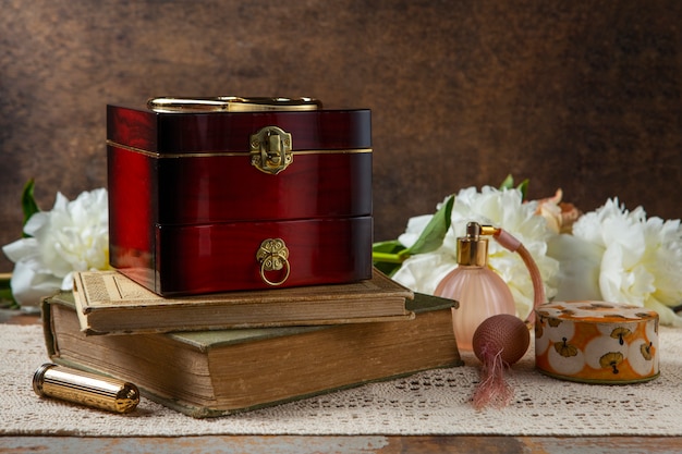 Free photo view of music box with bohemian decor