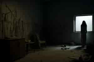 Free photo view of mysterious person in dark scary room