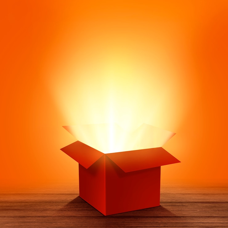 Free Photo view of mystery cardboard box with gleaming light coming from inside