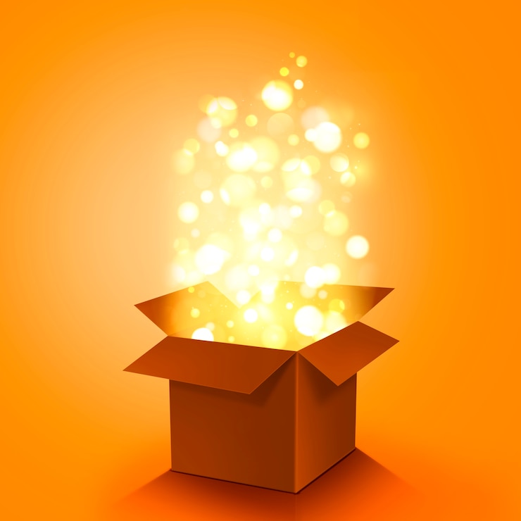 Free Photo view of mystery cardboard box with gleaming light coming from inside