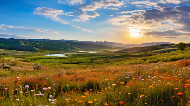 View of nature landscape with flowers field