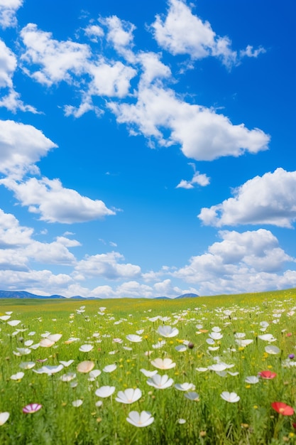 View of nature landscape with flowers field