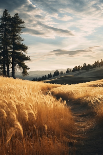 Free photo view of nature landscape with wheat field