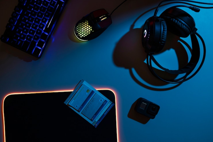 Free Photo view of neon illuminated gaming desk setup with keyboard