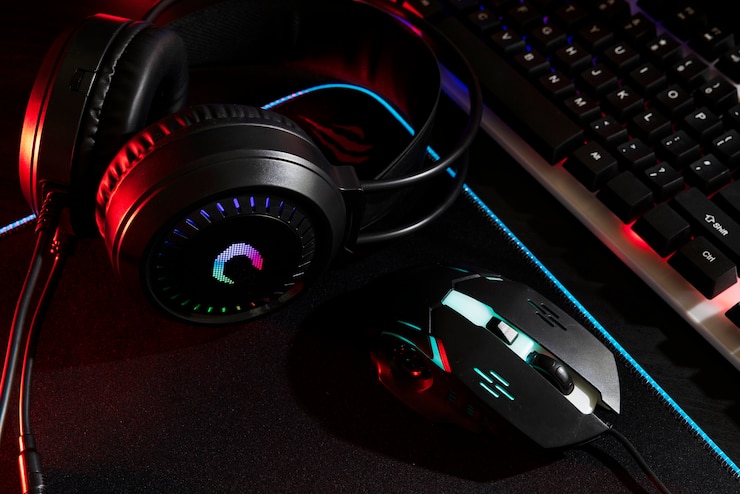 Free Photo view of neon illuminated gaming desk setup with keyboard