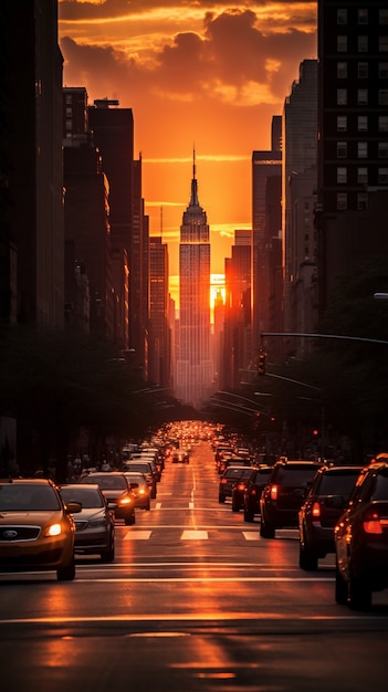 View of new york city street at sunset