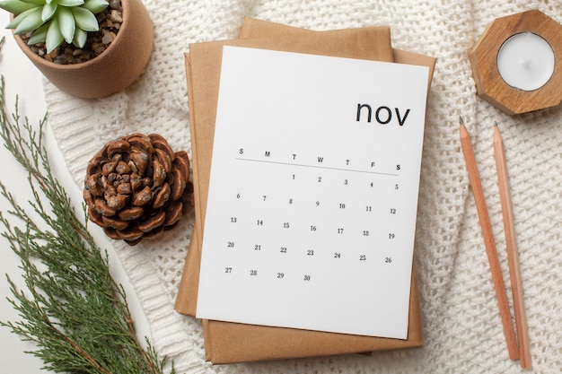 Foto gratuita vista sopra il calendario e la pianta di novembre