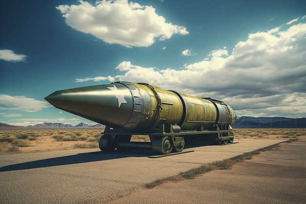 View of nuclear bomb outdoors with nature landscape background