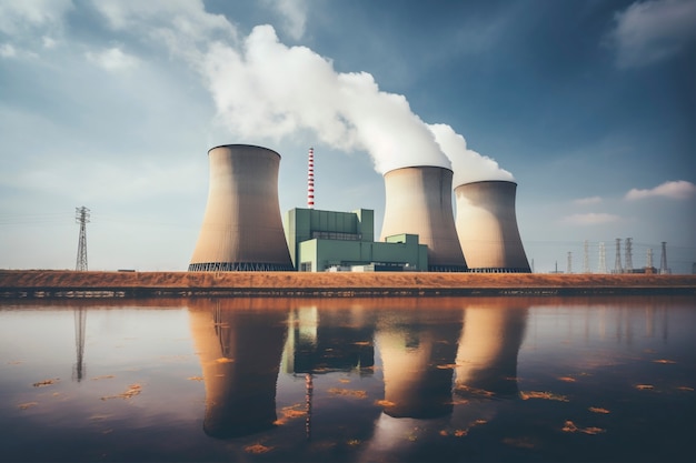 Free photo view of nuclear power plant with steaming towers