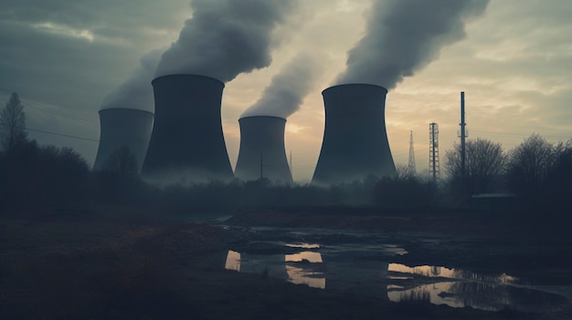 Free photo view of nuclear power plant with towers letting out steam from the process