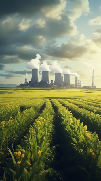 View of nuclear power plant with towers letting out steam from the process
