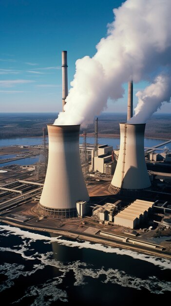 공정 에서 증기를 방출 하는 타워 를 가진 원자력 발전소 의 모습