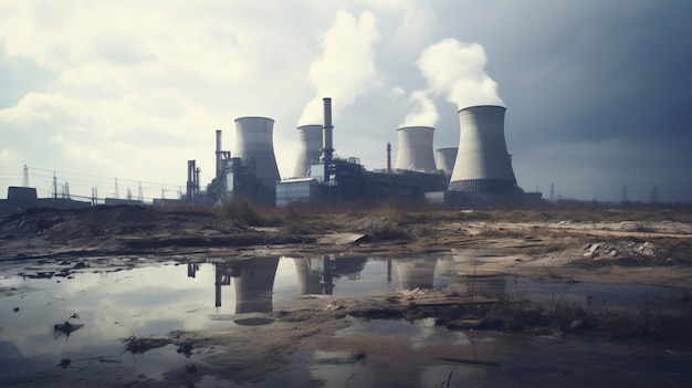 View of nuclear power plant with towers letting out steam from the process