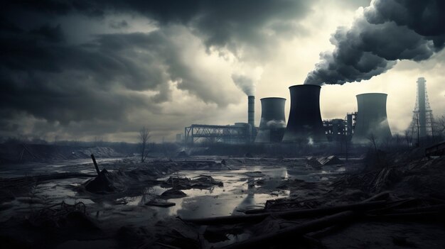 View of nuclear power plant with towers letting out steam from the process