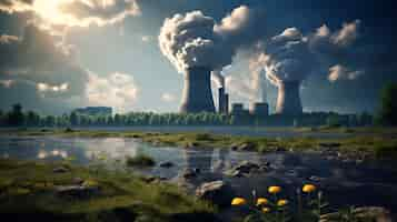 Free photo view of nuclear power plant with towers letting out steam from the process