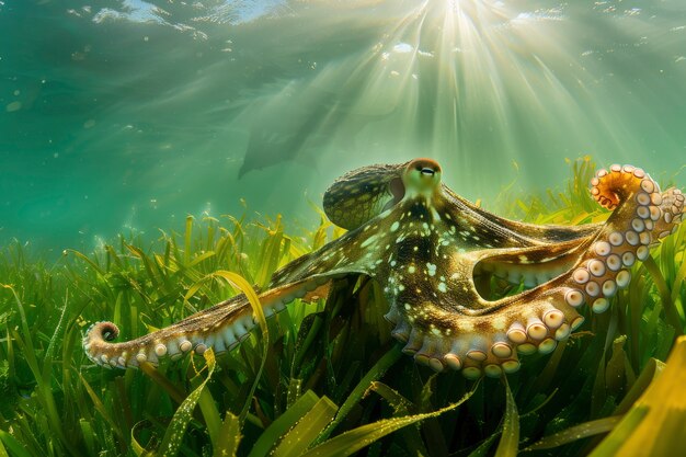 自然な水中生息地にある章魚の景色