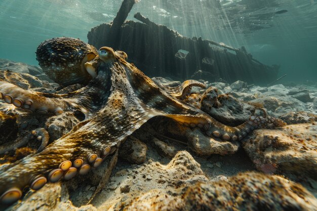 Foto gratuita vista del polpo nel suo habitat naturale sottomarino