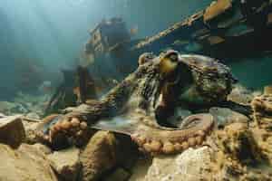 Foto gratuita vista del polpo nel suo habitat naturale sottomarino