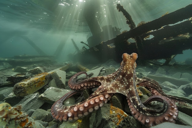 自然な水中生息地にある章魚の景色