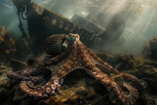 View of octopus in its natural underwater habitat