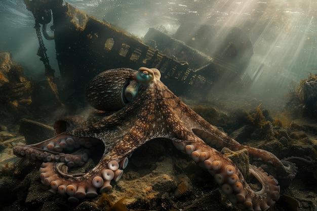 自然な水中生息地にある章魚の景色