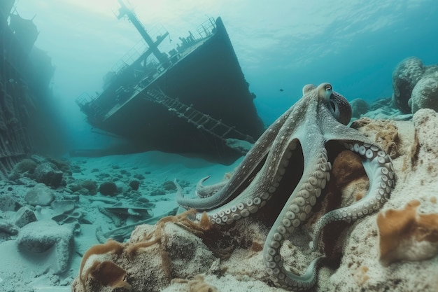 Вид осьминога в его естественной подводной среде обитания
