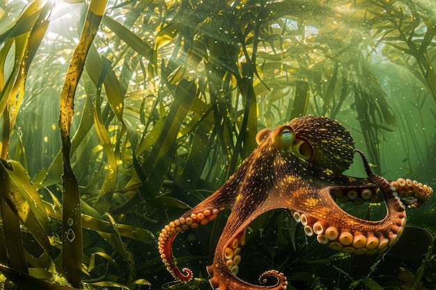 Вид осьминога в его естественной подводной среде обитания