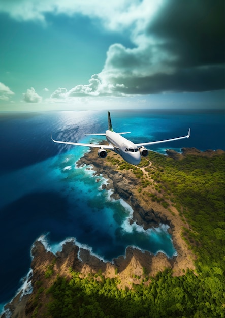 Бесплатное фото Вид трехмерного самолета с пейзажем места назначения путешествия