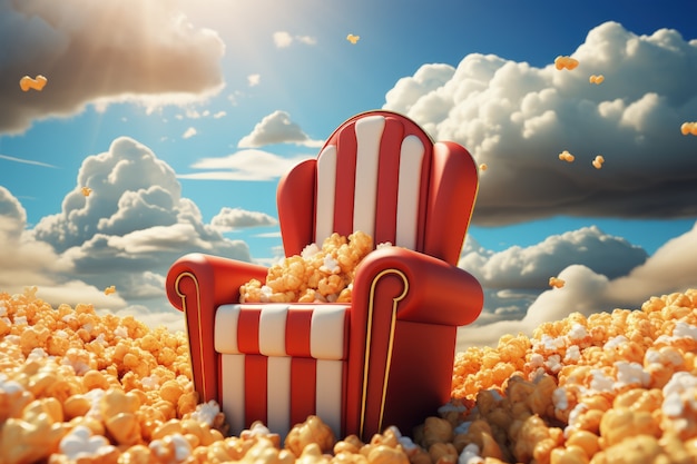 Бесплатное фото Вид 3d-кинотеатра с небом и попкорном