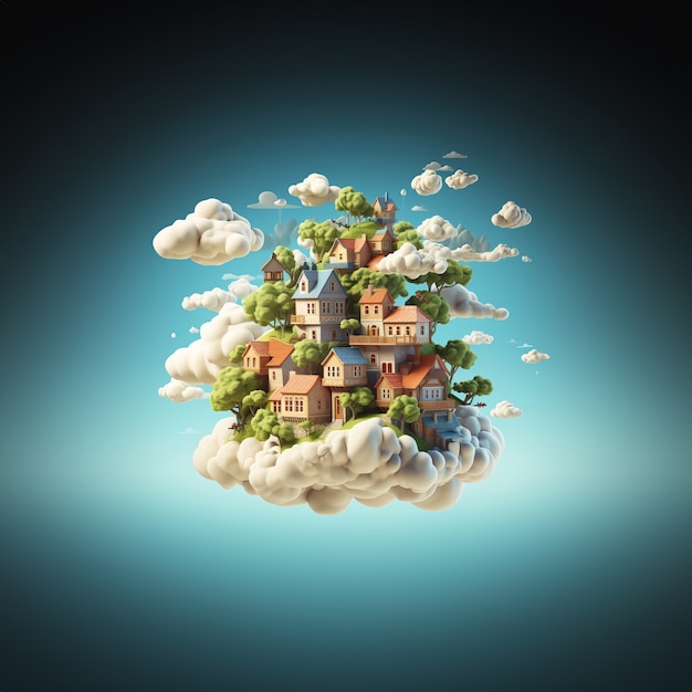 Бесплатное фото Вид 3d-дома с облаками