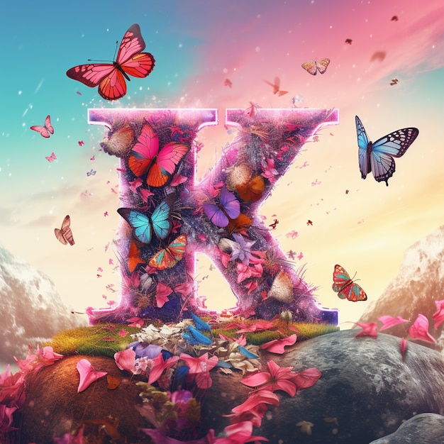 Бесплатное фото Вид 3d буквы k с красочными бабочками