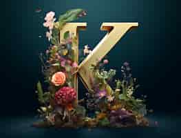 Бесплатное фото Вид 3d буквы k с растительностью и цветами