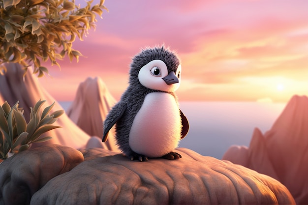 Бесплатное фото Вид 3d птицы пингвина с природным ландшафтом