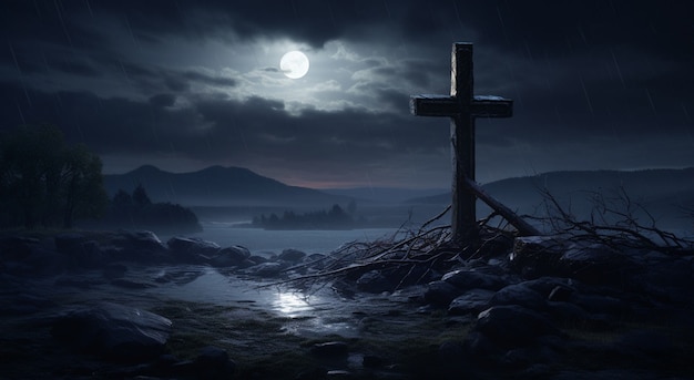 Бесплатное фото Вид на трехмерный религиозный крест с апокалиптическим пейзажем