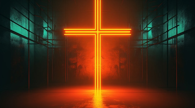 무료 사진 네온 빛으로 3d 종교적 십자가의 전망