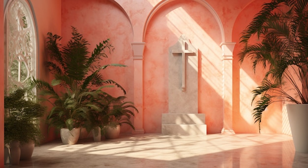 Бесплатное фото Вид на 3d религиозный крест с растительностью