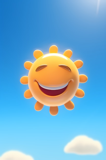 무료 사진 하늘 배경으로 3d 웃는 얼굴과 행복한 태양의 모습